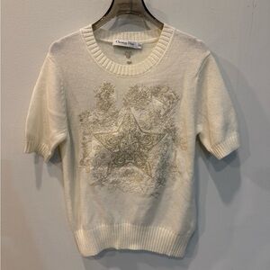 Dior Cream Knit Short Sleeve Sweater with Metallic Star Motif